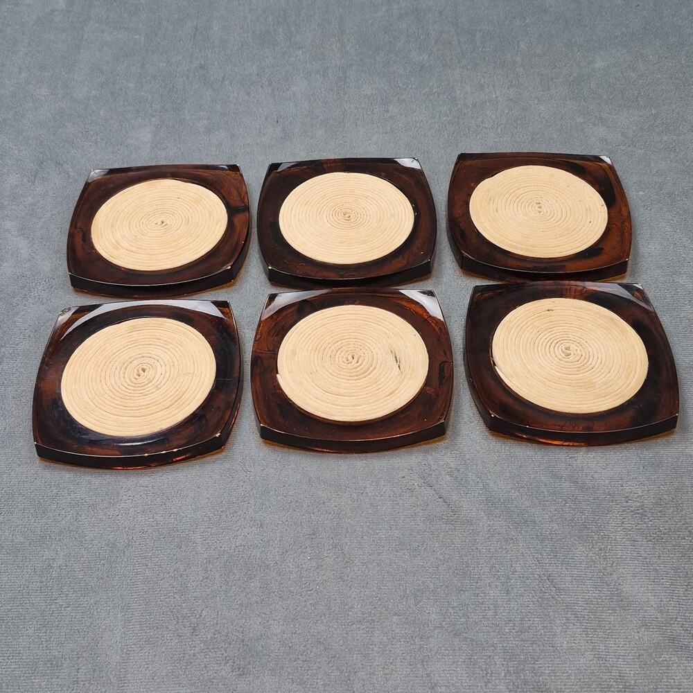 Vintage 1960s MCM Amber Tortoise Shell Lucite Acrylic Coasters Set Of 6 W/ Rope